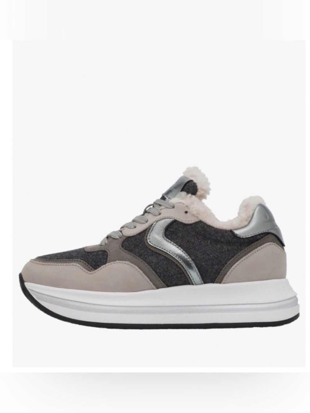 NWT VOILE BLANCHE MELANY FUR. Leather And Fabric Sneakers in Grey-Charcoal